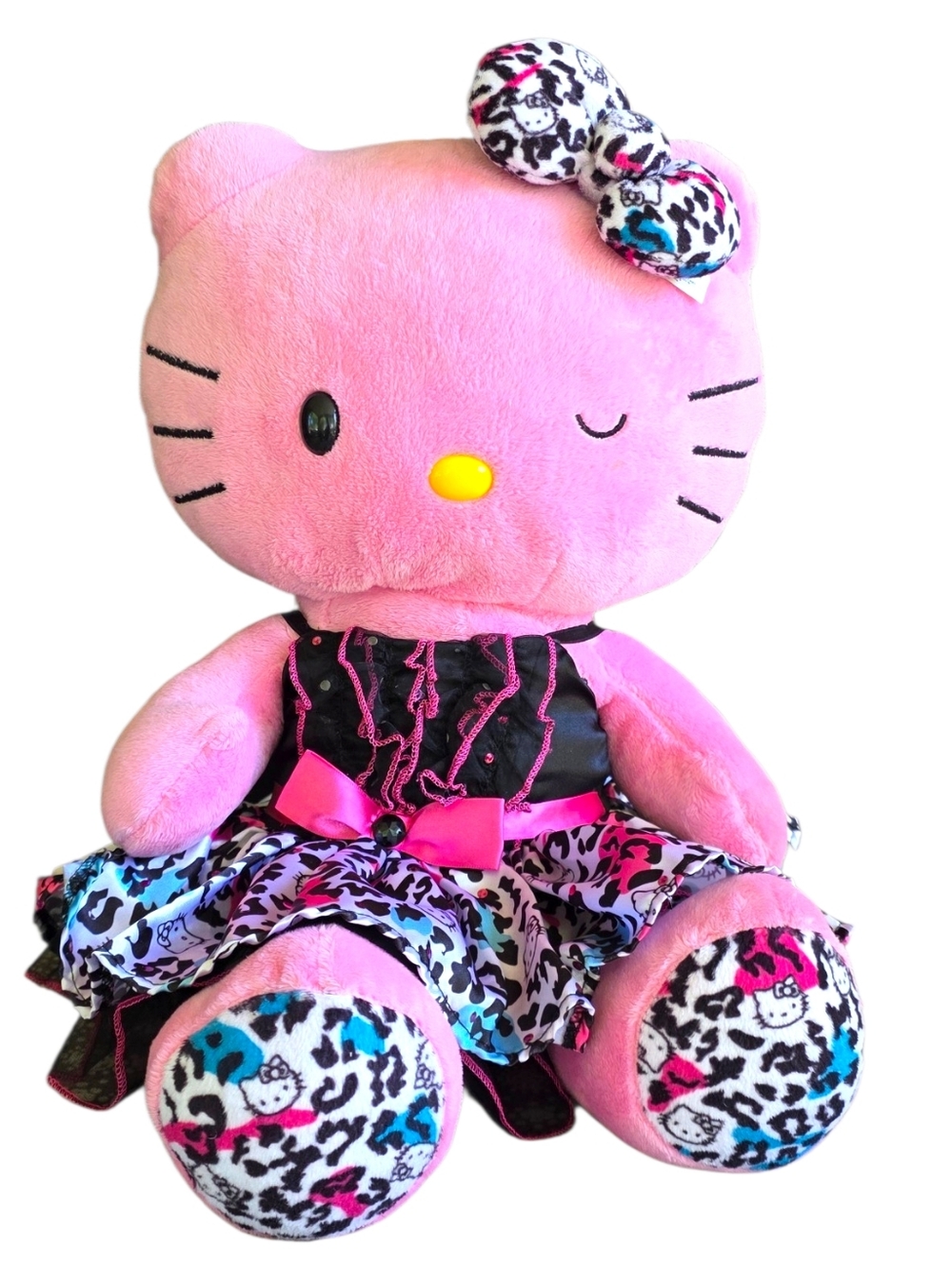 Vtg.Hello Kitty Build A Bear Pink Winking 18" Sanrio Leopard 2012 W/Bow & Dress